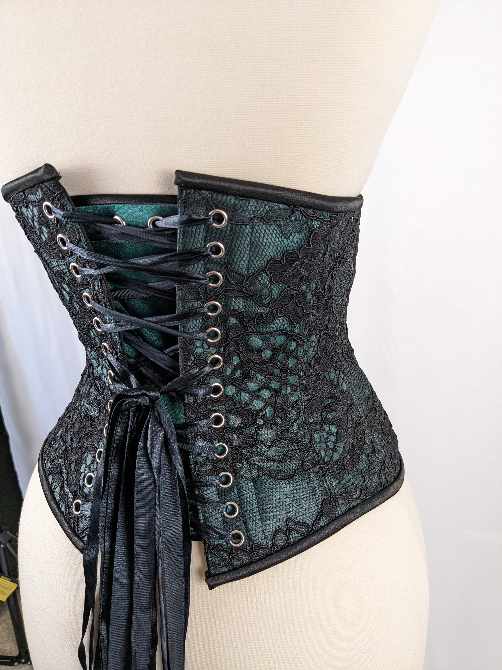 Black Lace and Green Satin Steel Boned Low Curve Mid Hip Underbust