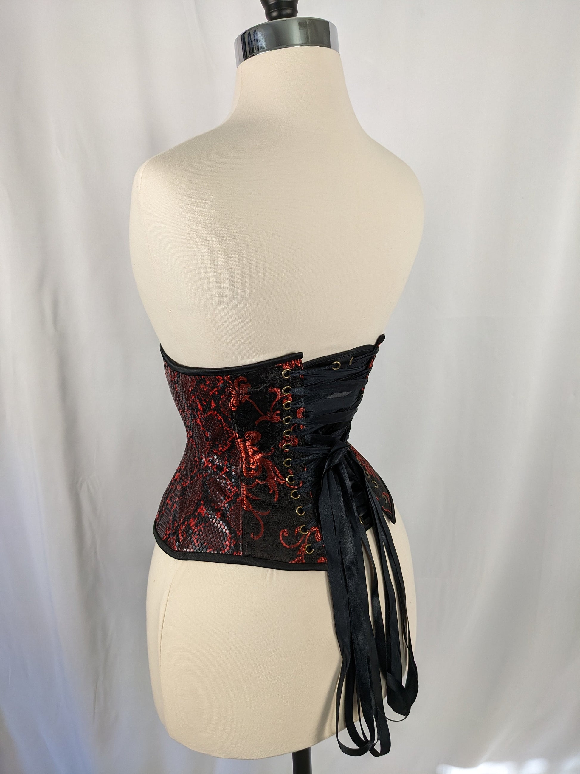 Black Long Steel Boned Corset With Red Leaf Brocade Detail By Playgirl
