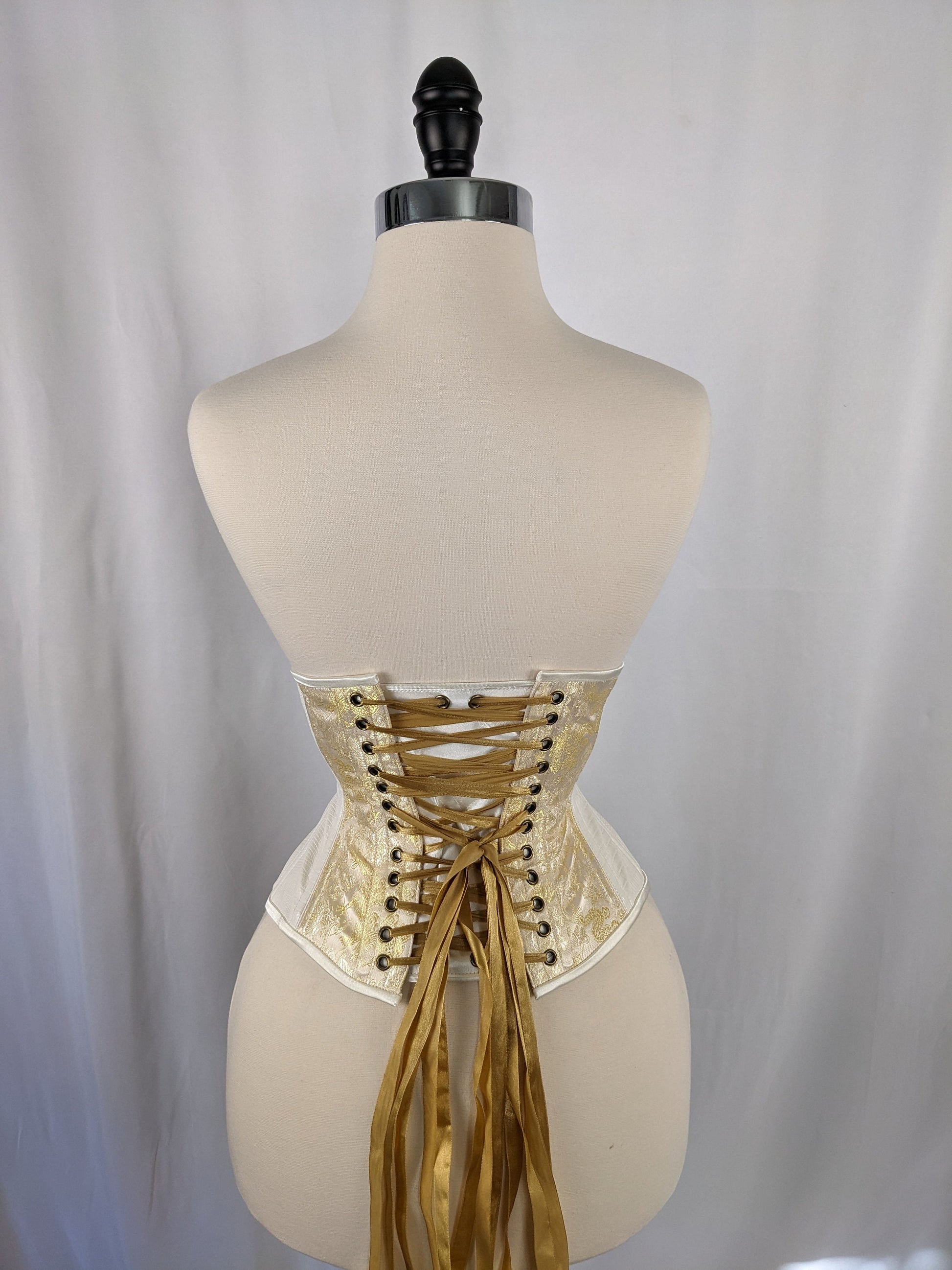 Ivory and Gold Dragon Vinyl and Brocade Steel Boned Mid Hip Underbust –  Corsets & Cogs